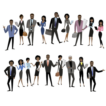 set of different african american businessman and business woman characters,avatars or app icons in trendy flat style isolated on white background,stock vector illustrationのイラスト素材