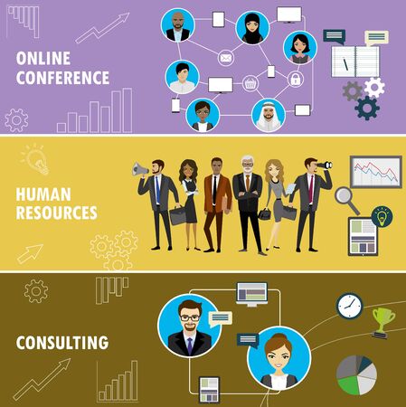 Set business flat  banner. Online conference, human resources , consulting.Business people in different situations.Vector illustrationのイラスト素材