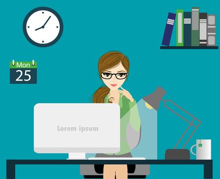 Office worker or business woman working On Computer.Cartoon  stock vector illustrationのイラスト素材