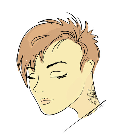 beautiful woman face, tattoo on neck,isolated on white ,hand drawn vector illustrationのイラスト素材