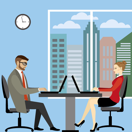 business people working at computers in office , view of the city in the window,vector illustrationのイラスト素材