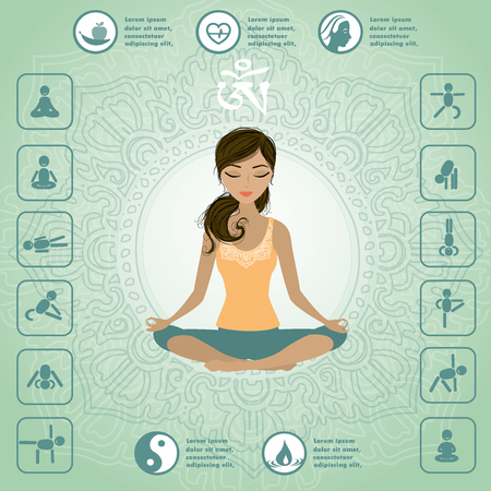 Cute girl sitting in the lotus position, yoga infographics, vector illustrationのイラスト素材