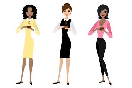 Three business woman standing and holding in hands a cup of coffee or tea, vector illustration isolated on white backgroundのイラスト素材