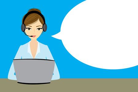 Customer service representative at computer in headset . Cartoon phone operator with speech bubble. Vector illustrationのイラスト素材