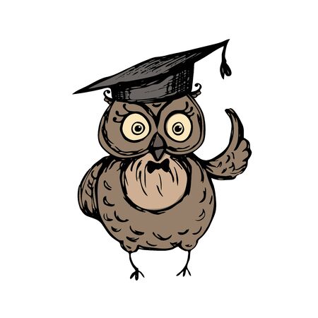 Cute owl with graduation hat standing on the old vintage books,isolated on white background,stock vector illustrationのイラスト素材