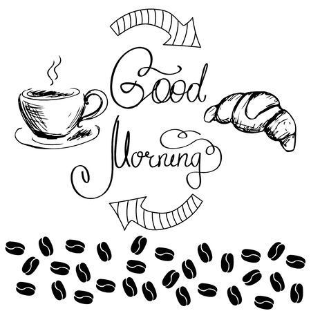 Good morning lettering with coffee cup and croissant,のイラスト素材