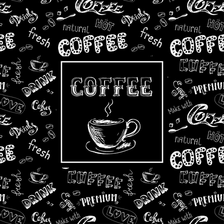 doodle coffee frame or background ,hand drawn lettering,stock vector illustrationのイラスト素材