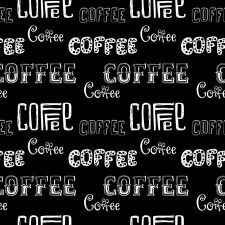 seamless doodle coffee pattern on black background ,hand drawn lettering , stock vector illustrationのイラスト素材