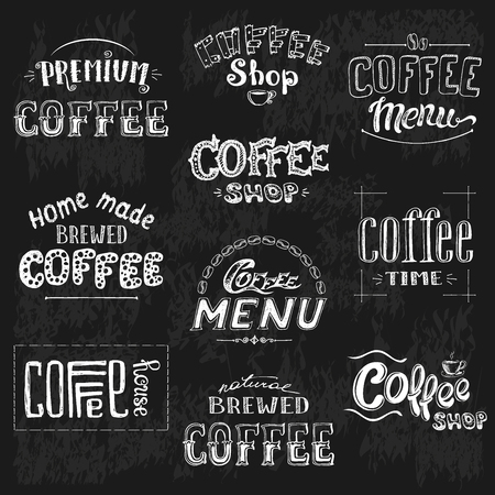Coffee label set. Hand drawn  typography collection isolated on black background. Vector illustrationのイラスト素材