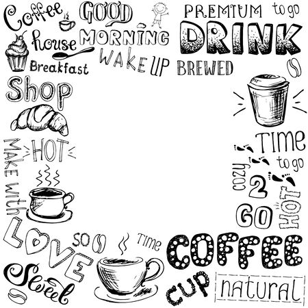 Coffee doodle background or frame, hand drawn on white , stock vector illustrationのイラスト素材