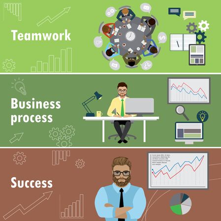 flat banner set with teamwork, business process and success, stock vector illustration.のイラスト素材