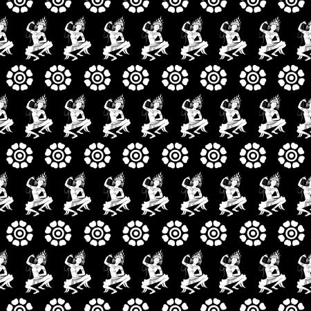 Apsara dancer and flowers  seamless pattern, on black background, vector illustrationのイラスト素材