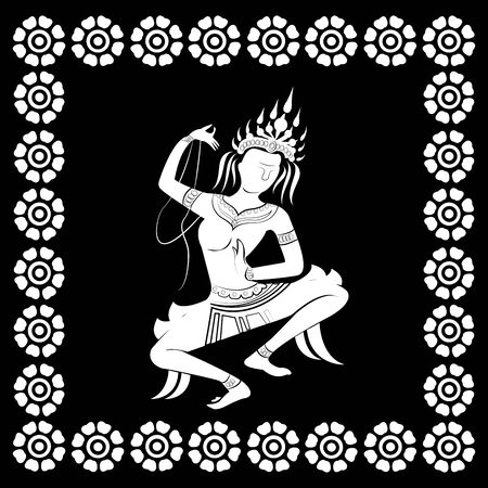 apsara dance, white silhouette on black background, vector illustrationのイラスト素材
