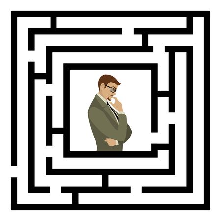 Various ways. Solving problems. Businessman finding the solution of a maze. Business concept.  isolated on white. Vector illustrationのイラスト素材