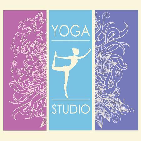 card for Woman yoga studio with floral ornament, banner or brochure template,stock vector illustrationのイラスト素材
