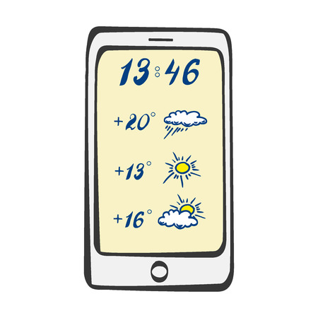 Smart phone sketch with weather application , hand drawn doodle vector illustration.のイラスト素材