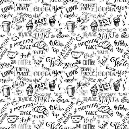Coffee pattern with lettering,cocoa lettering hand drawn on black, stock vector illustrationのイラスト素材