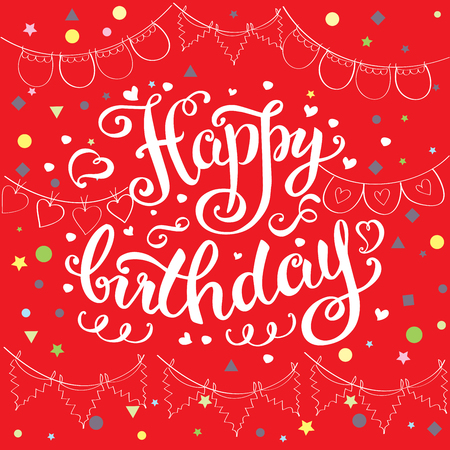 Happy birthday card, hand drawn ettering on red backgroundのイラスト素材