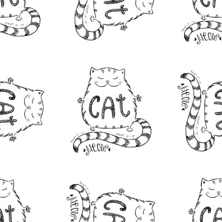 Cute cat seamless pattern, funny hand drawn , stock vector illustrationのイラスト素材