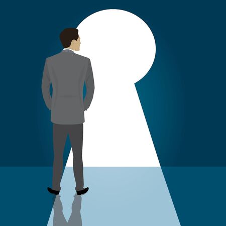 Businessman  stand front door keyholeのイラスト素材