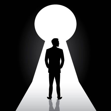 Businessman silhouette standing front of door keyholeのイラスト素材