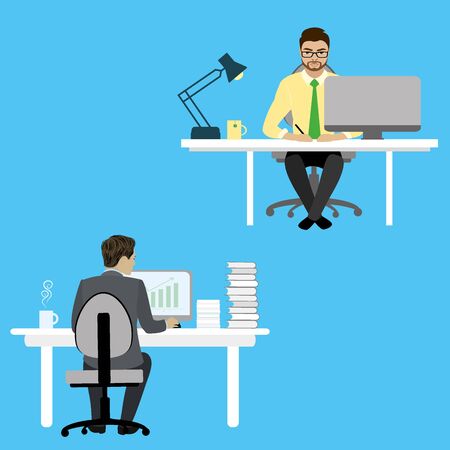 Two Businessman or office worker  sitting at a desk and working on the computer. Workplace, coworking.Cartoon stock vector illustration.のイラスト素材