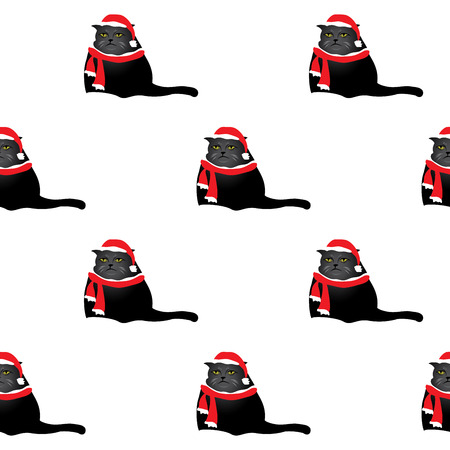 sad  and fat cat in red hat and scarf seamless pattern , stock vector illustrationのイラスト素材