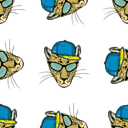 Seamless pattern Hand Drawn Fashion Portrait of cheetah Hipsterのイラスト素材