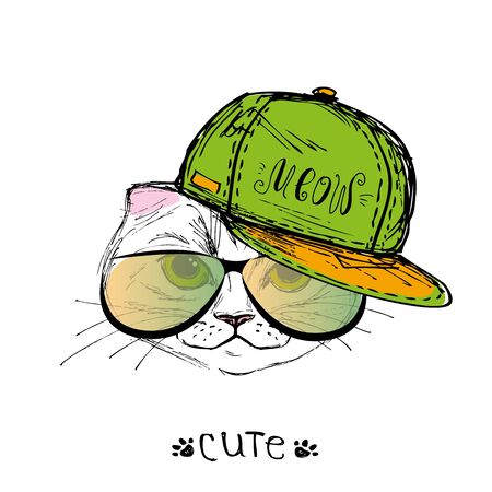 Cat in a cap and glasses. Hand drawn.Vector illustration.のイラスト素材