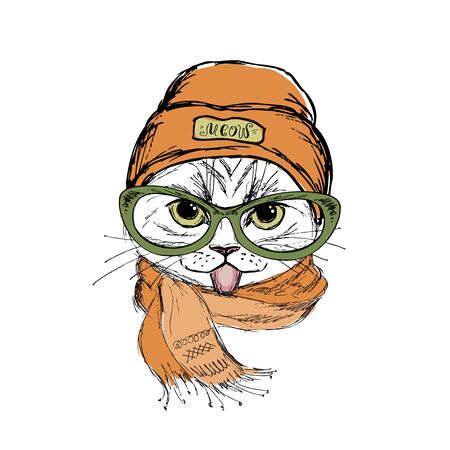 Funny fashion cat face showing tongue,hat and scarf,hand drawn isolated on white background,vector illustrationのイラスト素材