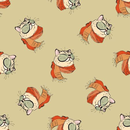 Seamless pattern fashion portrait of kitten boy, cat with scarf and glasses, hand drawn isolated on white, vector illustrationのイラスト素材