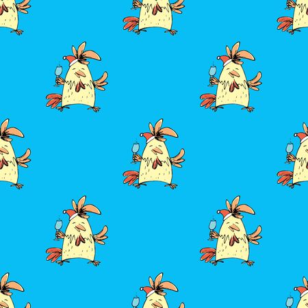seamless pattern hand drawn funny rooster on  blue background, stock vector illustrationのイラスト素材
