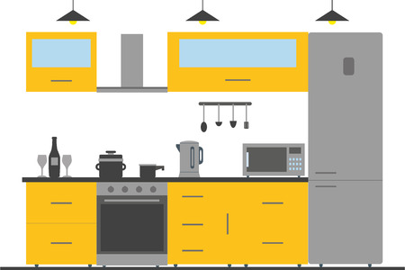 Kitchen interior with furniture, utensils,  and devices. Including fridge, oven, microwave, kettle, . Flat style vector illustration.のイラスト素材