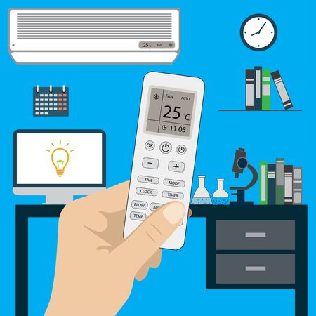 Remote control of air conditioner in hand and air conditioner in room, flat cartoon  stock vector illustrationのイラスト素材