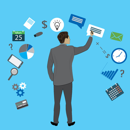 Businessman back view and business icon,office worker with different objects and application,vector illustrationのイラスト素材