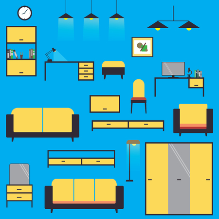 Cartoon Big Set home and office furniture,isolated on blue background ,flat vector illustrationのイラスト素材