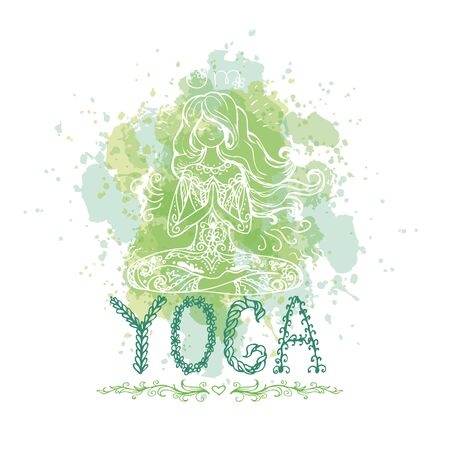 Girl in yoga pose. Doodle hand drawn vector illustration. Logo, icon or card for healthy life, sport, fitness, pilates and yoga club.のイラスト素材