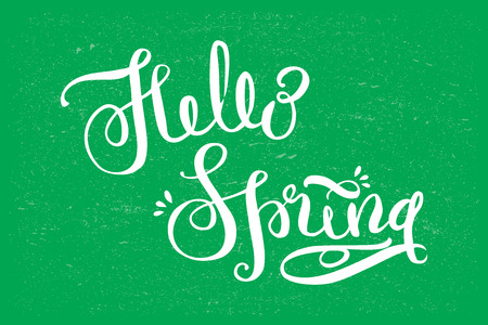 Hello Spring - hand drawn lettering on green background. Perfect brush typography for cards, poster, t-shirt,banner, invitations and other types design. Vector illustration.のイラスト素材
