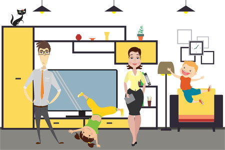 Cute cartoon family - mom, dad,daughter and son in home interior illustration.のイラスト素材