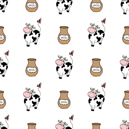 Cute cartoon cow with milk, seamless pattern Vector illustration.のイラスト素材