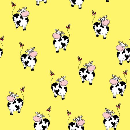 Funny cartoon cow seamless pattern background, stock vector illustrationのイラスト素材