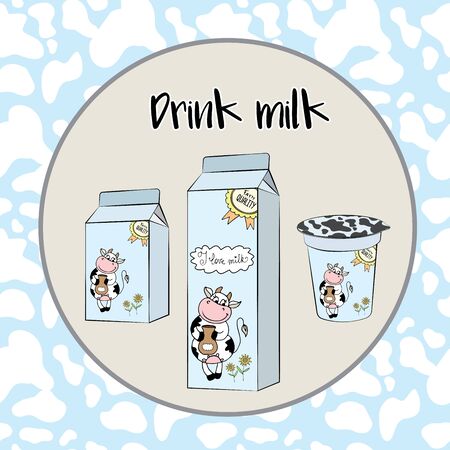 Different packaging dairy products with a cheerful cow, stock vector illustrationのイラスト素材