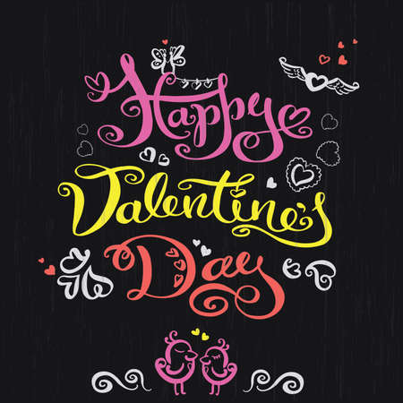 Happy valentines day handwritten text, cute lettering on dark background, vector illustration.のイラスト素材