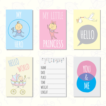 Set of journaling cards for newborn baby. Vector templates for scrapbooking, greeting or gift cards, patterns, art decorationのイラスト素材