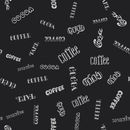 Coffee lettering seamless pattern, white on black background, vector illustrationのイラスト素材