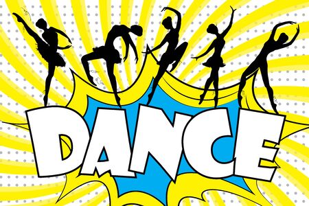 Dance text in retro comic style and black silhouettes of dancing ballerinas.のイラスト素材