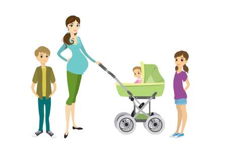 Pretty young pregnant woman with a pram and childrenのイラスト素材