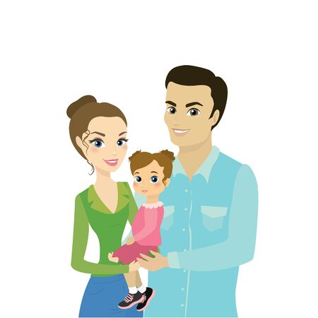 Beautiful family couple with daughter, isolated on white background, stock cartoon vector illustrationのイラスト素材