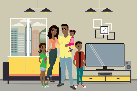 Cartoon young african american family and interior design with furniture,flat vector illustrationのイラスト素材