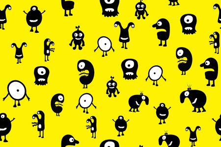 Seamless pattern black monsters with emotions on yellow background, cartoon vector illustrationのイラスト素材